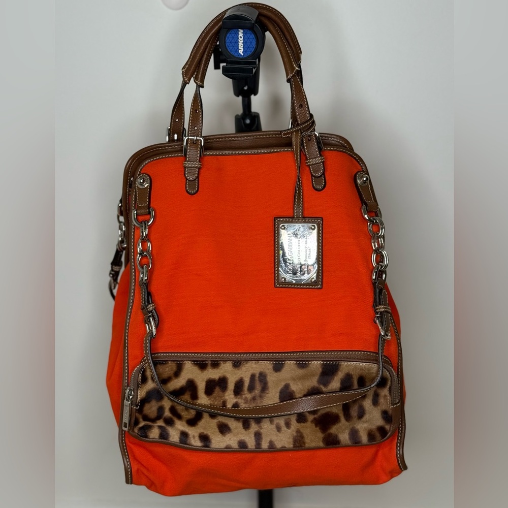 DOLCE & GABANA Orange canvas w Leopard Print Miss Pocket Tote EUC